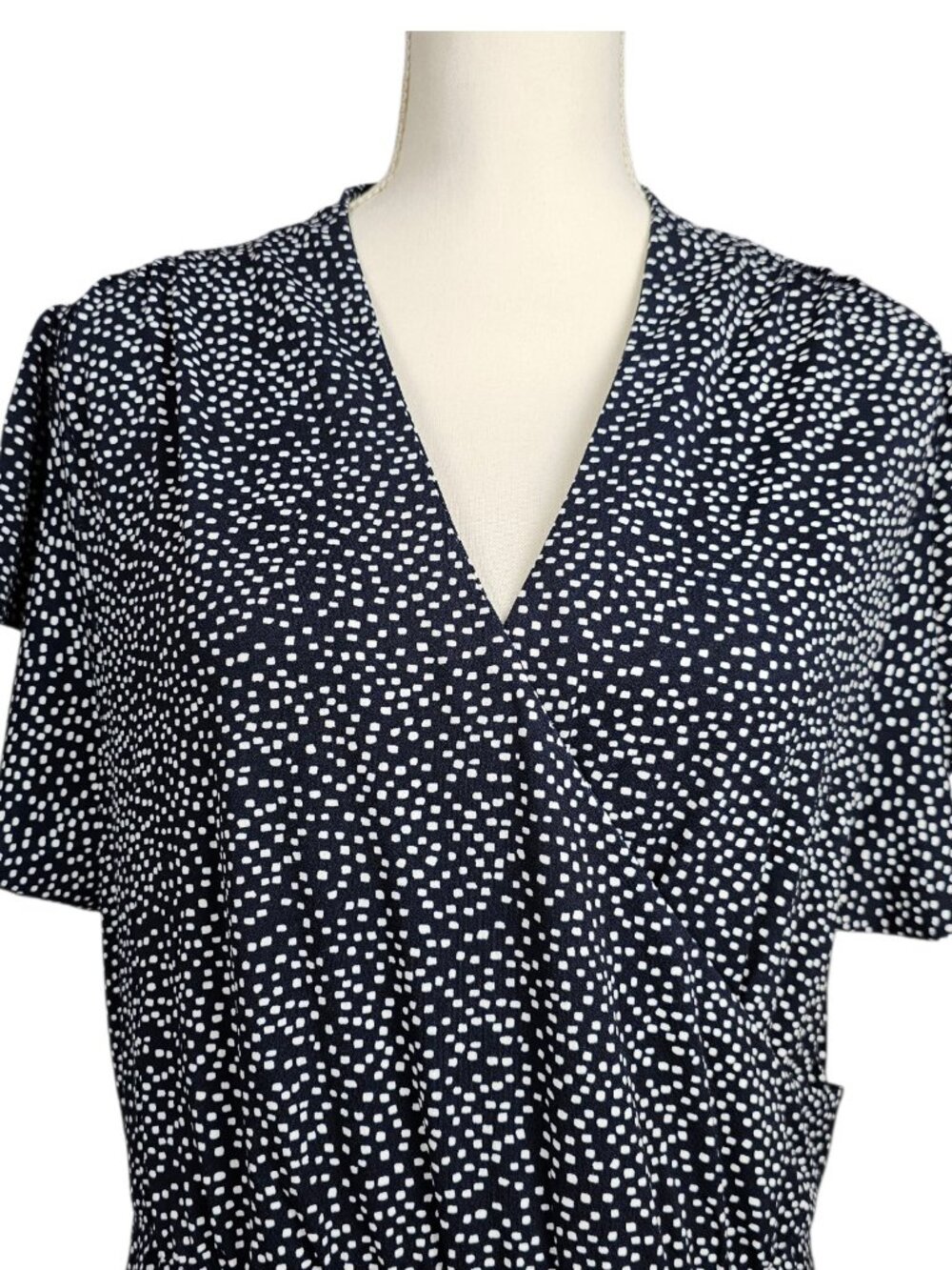 Adrianna Papell Navy Polka Dot Faux Wrap Midi Dress Flutter Sleeve New Size XL - Picture 4 of 9
